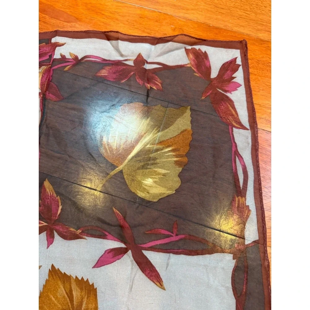 Halston Silk Scarf Autumn Leaves Sheer | Black White Brown |‎ 20